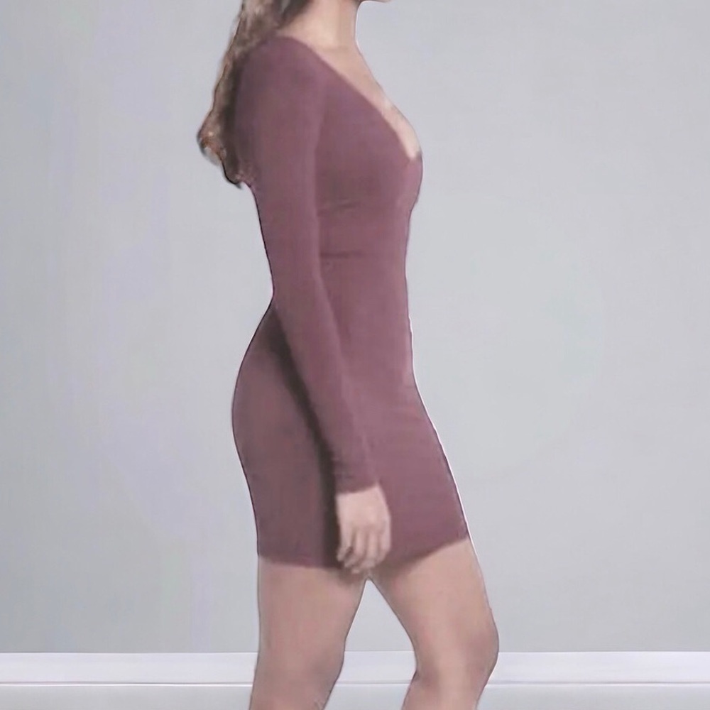 NWT mini dress ribbed stretch long sleeves plunge V neck Mocha brown M